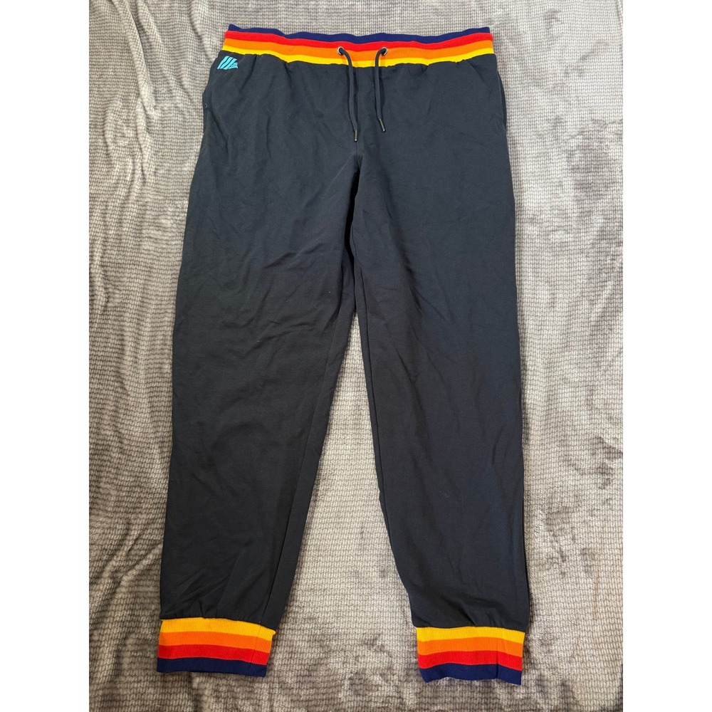 Aldi Mania Mens Joggers Navy Blue Rainbow Striped Waistband Large 36x30 NWT‎
